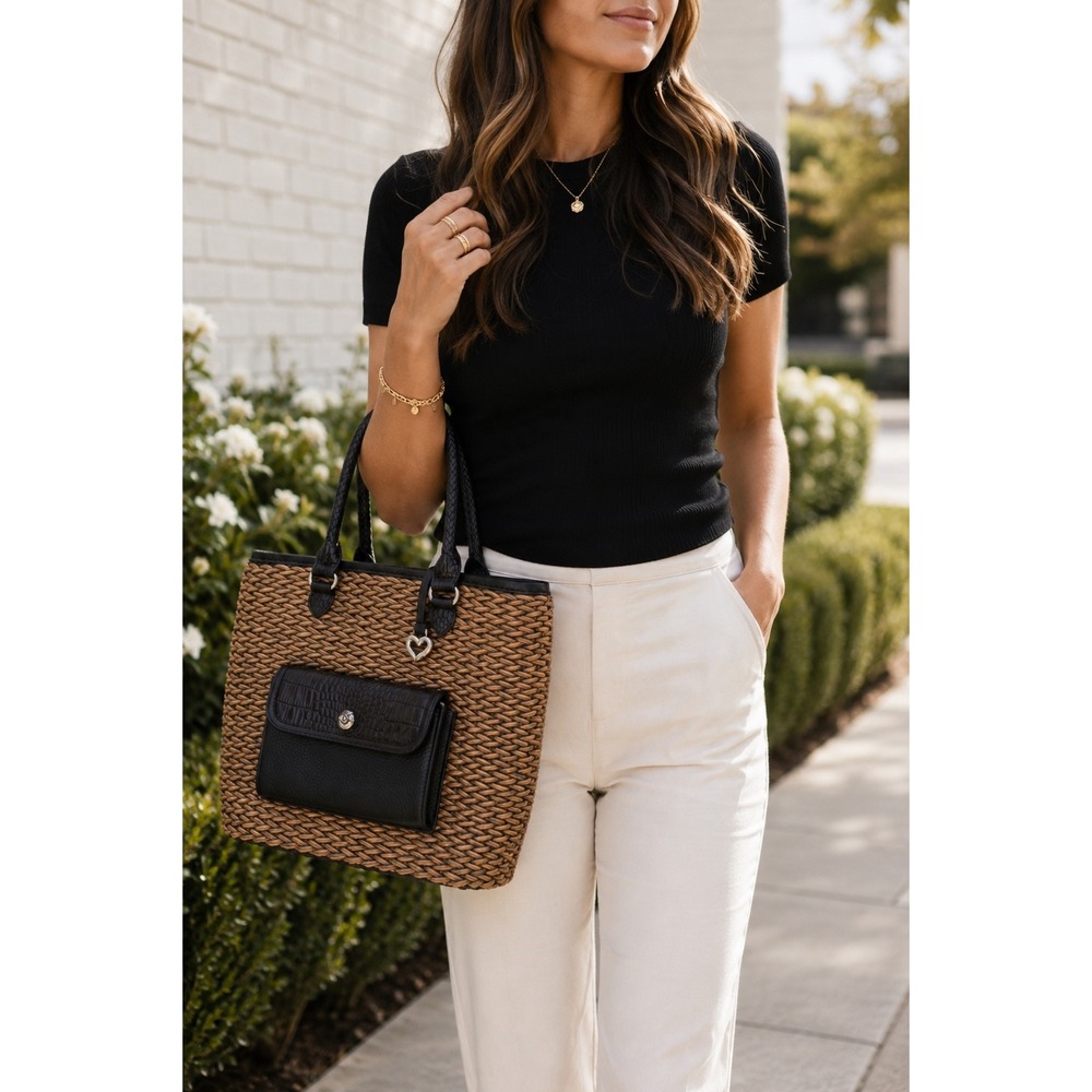 Vintage Brighton Straw & Leather Purse Tote Bag Woven‎ Braided Straps-Tan Black